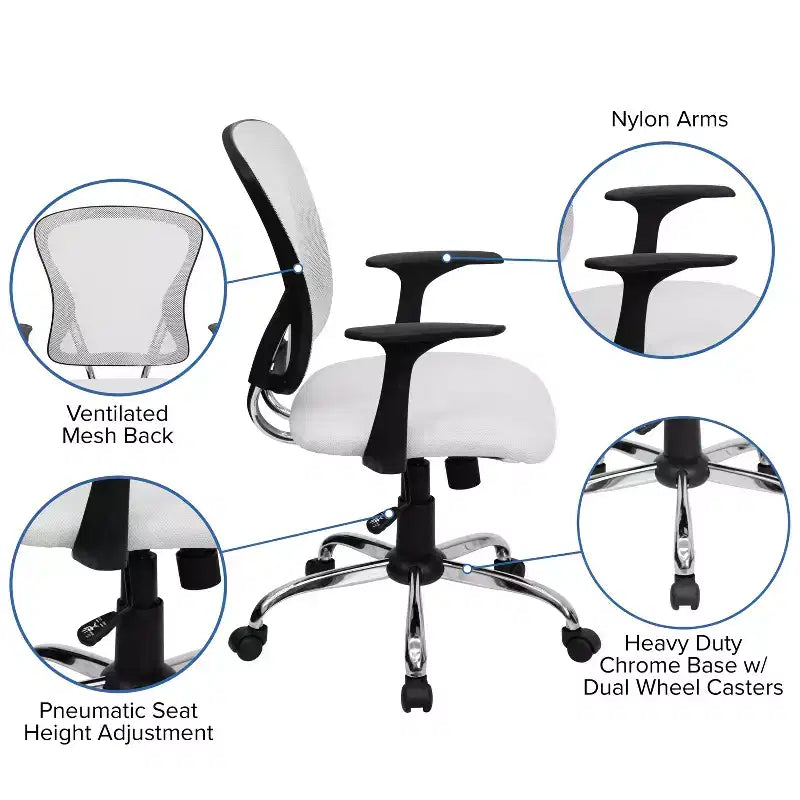 Chaise de bureau pivotante à dossier mi-haut en maille avec base chromée et accoudoirs