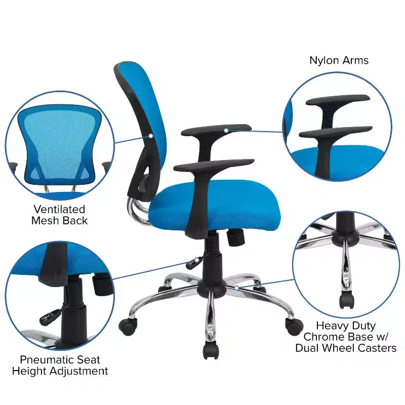 Chaise de bureau pivotante à dossier mi-haut en maille avec base chromée et accoudoirs