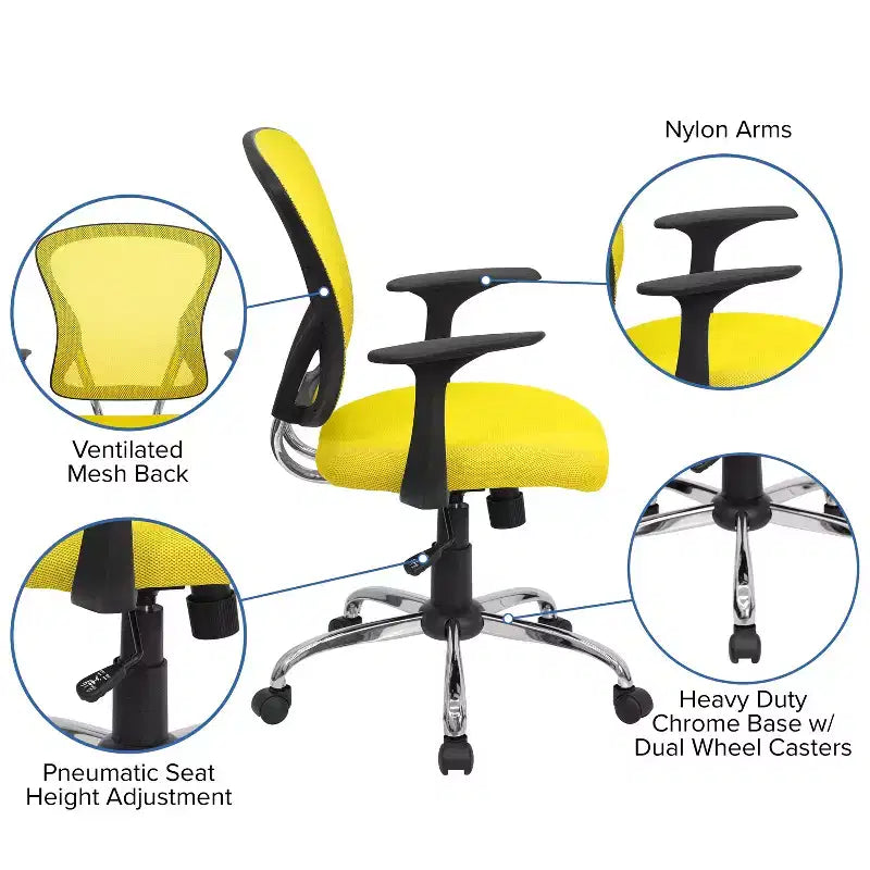 Chaise de bureau pivotante à dossier mi-haut en maille avec base chromée et accoudoirs