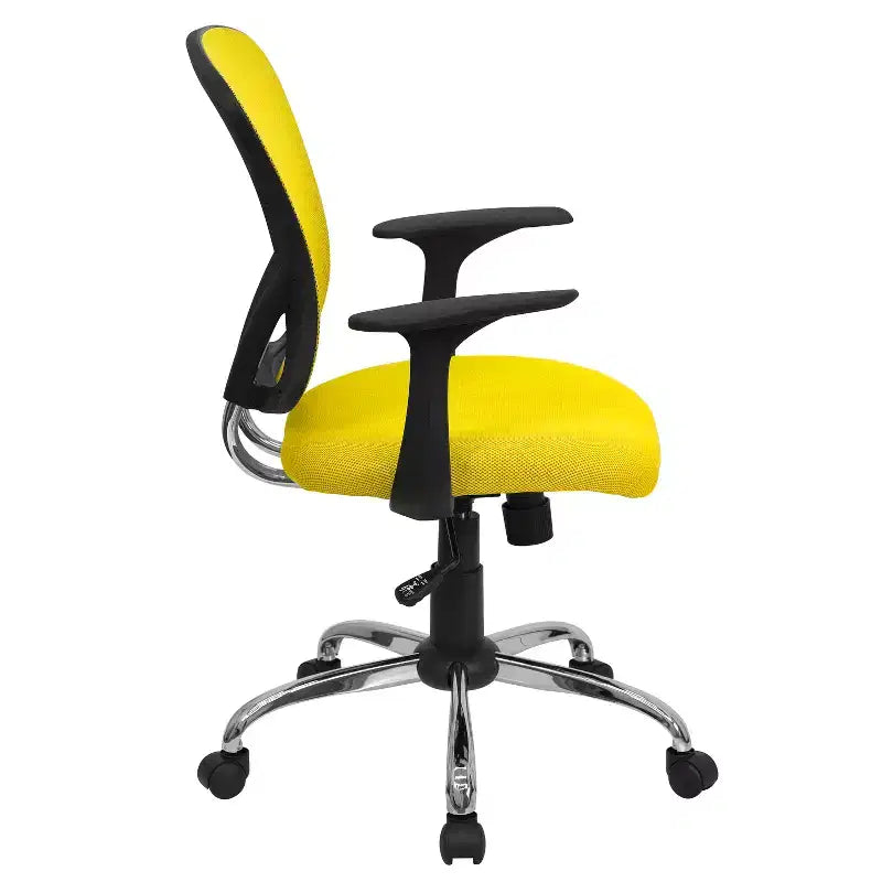 Chaise de bureau pivotante à dossier mi-haut en maille avec base chromée et accoudoirs