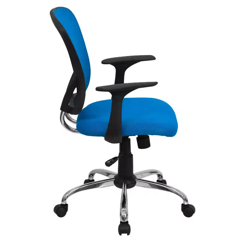 Chaise de bureau pivotante à dossier mi-haut en maille avec base chromée et accoudoirs