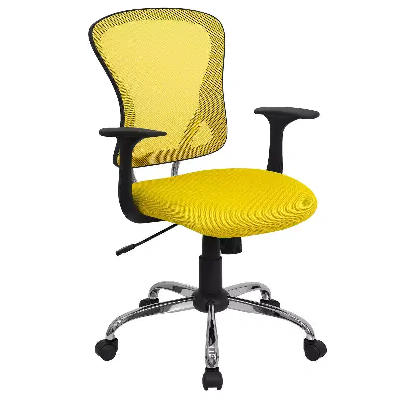 Chaise de bureau pivotante à dossier mi-haut en maille avec base chromée et accoudoirs