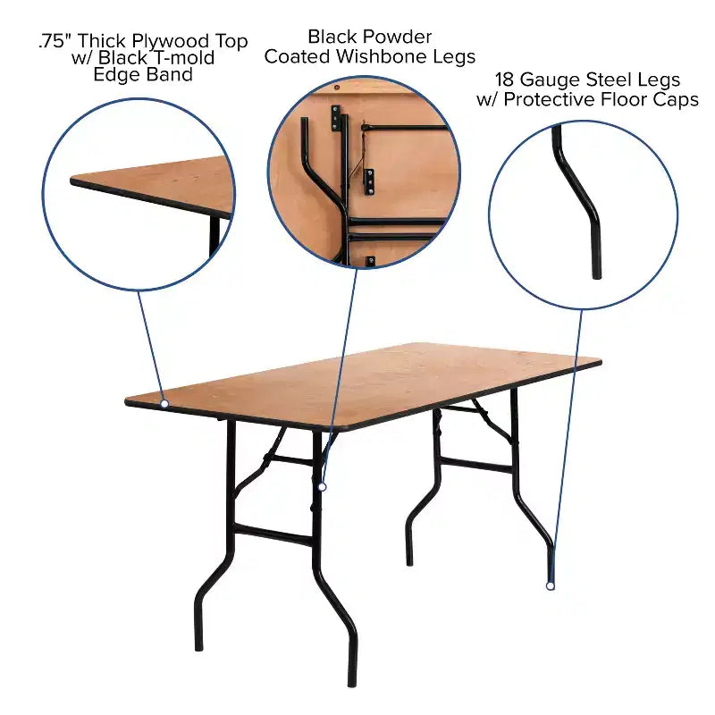Table de banquet rectangulaire pliante en bois de 5 pieds avec plateau enduit d'une finition transparente