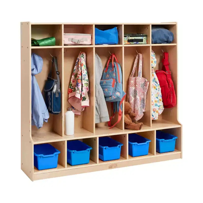 Porte-manteau 5 sections avec banc et 5 bacs de rangement à façade évidée, Meubles pour enfants
