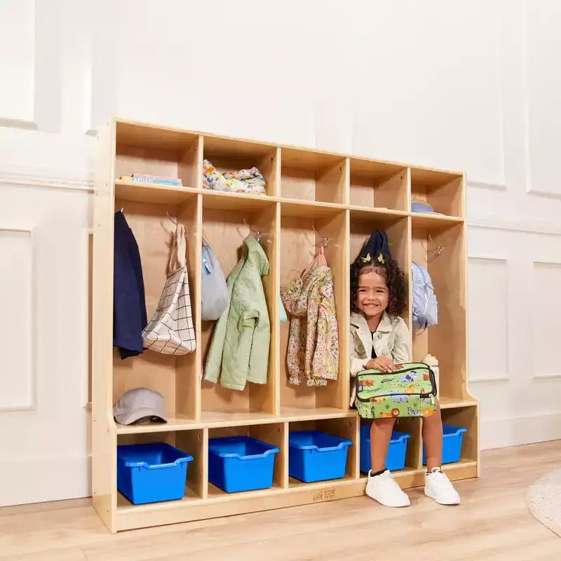 Porte-manteau 5 sections avec banc et 5 bacs de rangement à façade évidée, Meubles pour enfants