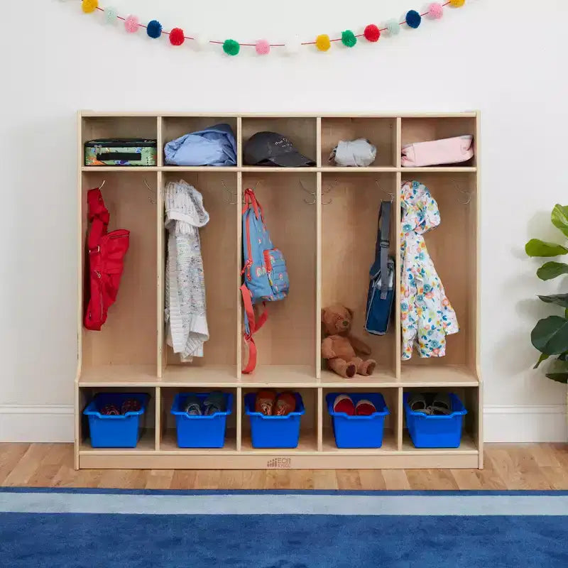 Porte-manteau 5 sections avec banc et 5 bacs de rangement à façade évidée, Meubles pour enfants