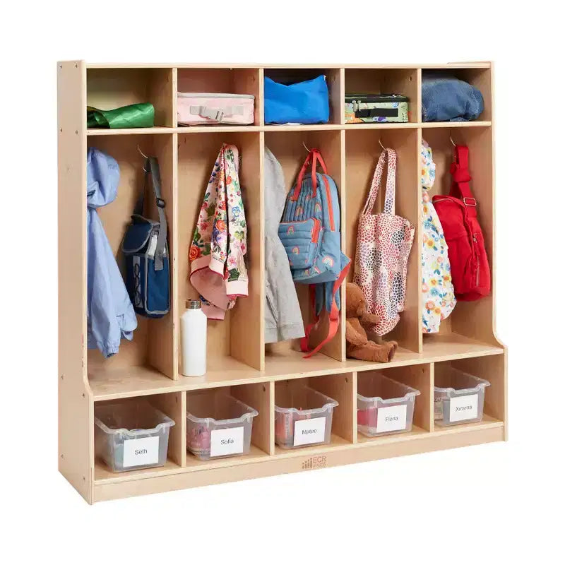Porte-manteau 5 sections avec banc et 5 bacs de rangement à façade évidée, Meubles pour enfants