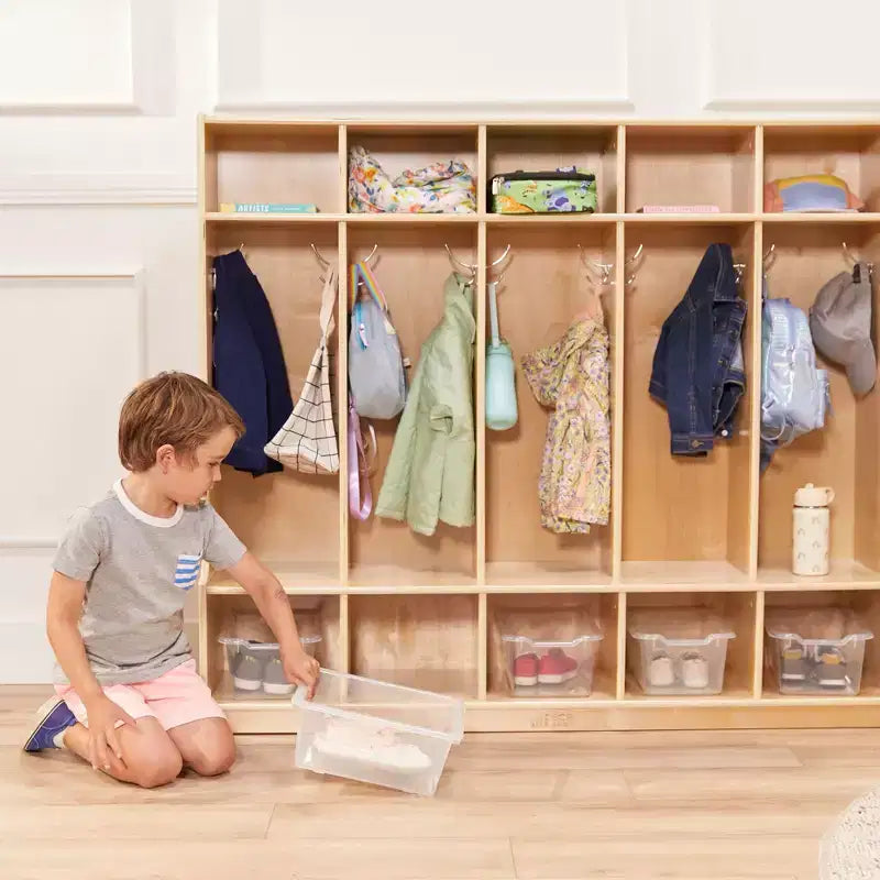 Porte-manteau 5 sections avec banc et 5 bacs de rangement à façade évidée, Meubles pour enfants