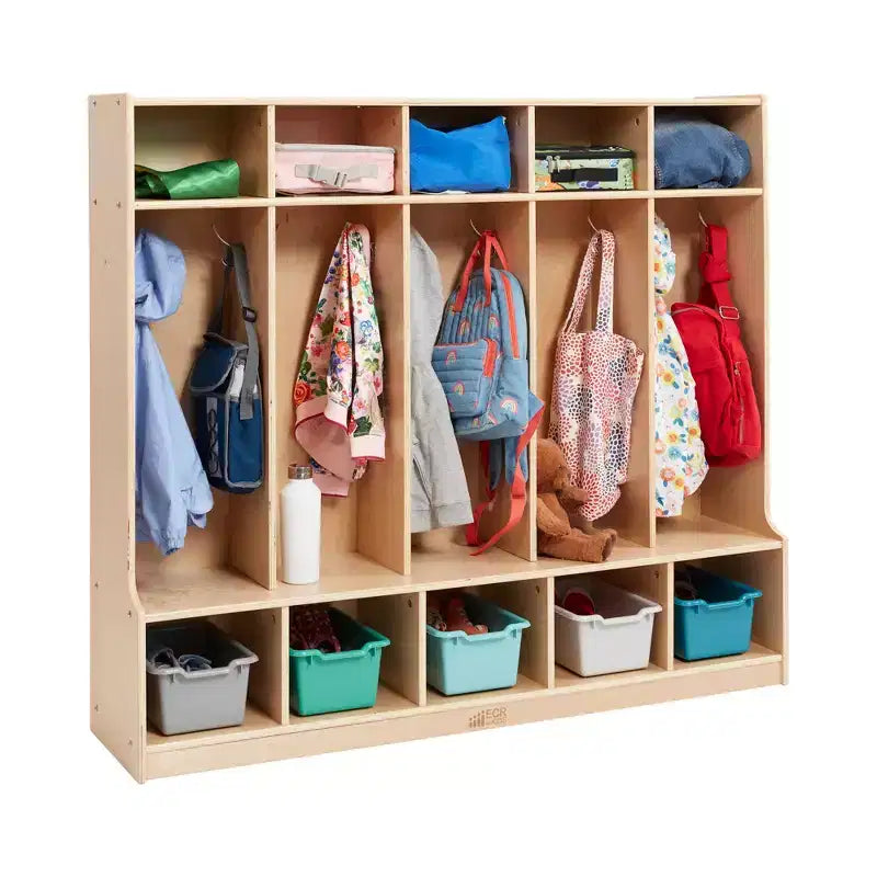 Porte-manteau 5 sections avec banc et 5 bacs de rangement à façade évidée, Meubles pour enfants