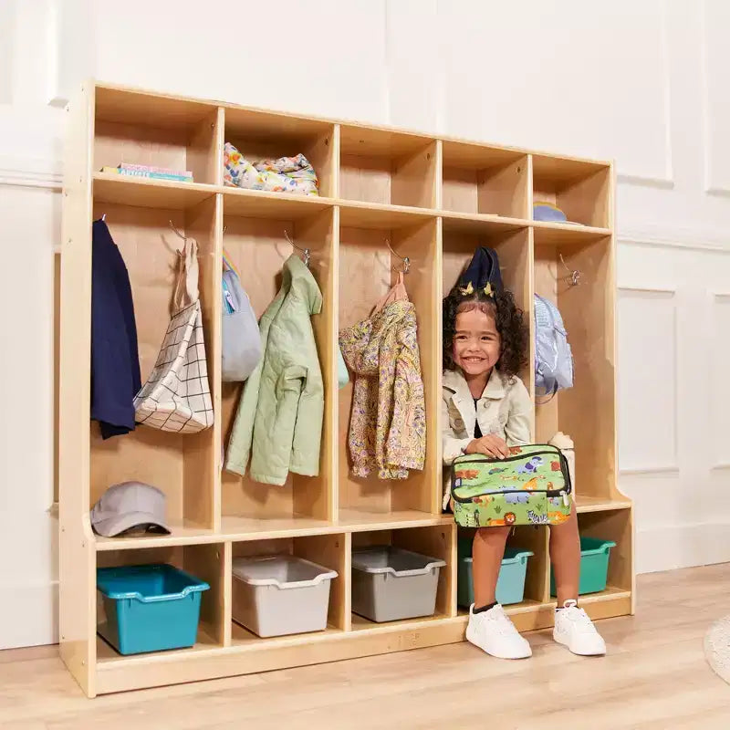 Porte-manteau 5 sections avec banc et 5 bacs de rangement à façade évidée, Meubles pour enfants
