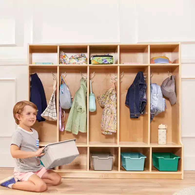 Porte-manteau 5 sections avec banc et 5 bacs de rangement à façade évidée, Meubles pour enfants