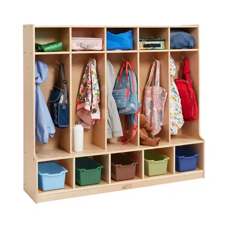 Porte-manteau 5 sections avec banc et 5 bacs de rangement à façade évidée, Meubles pour enfants