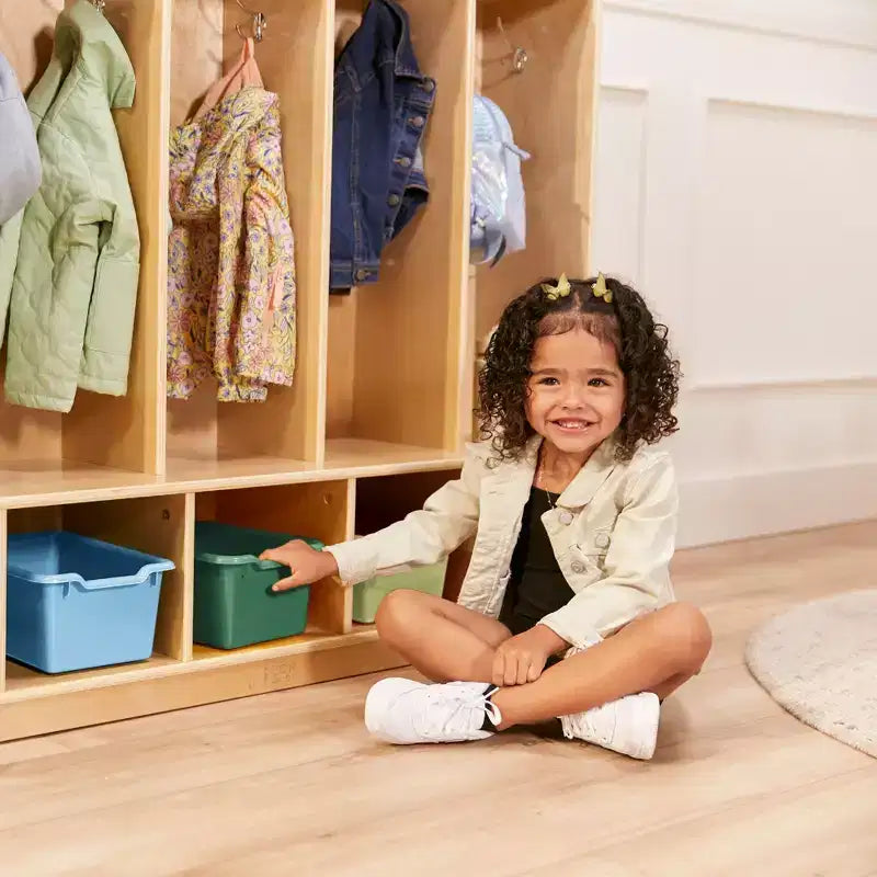 Porte-manteau 5 sections avec banc et 5 bacs de rangement à façade évidée, Meubles pour enfants