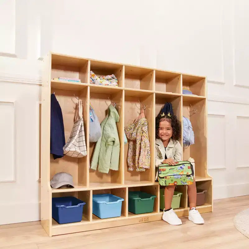 Porte-manteau 5 sections avec banc et 5 bacs de rangement à façade évidée, Meubles pour enfants