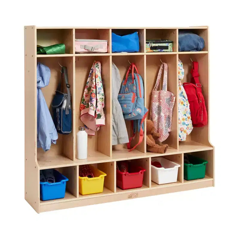 Porte-manteau 5 sections avec banc et 5 bacs de rangement à façade évidée, Meubles pour enfants