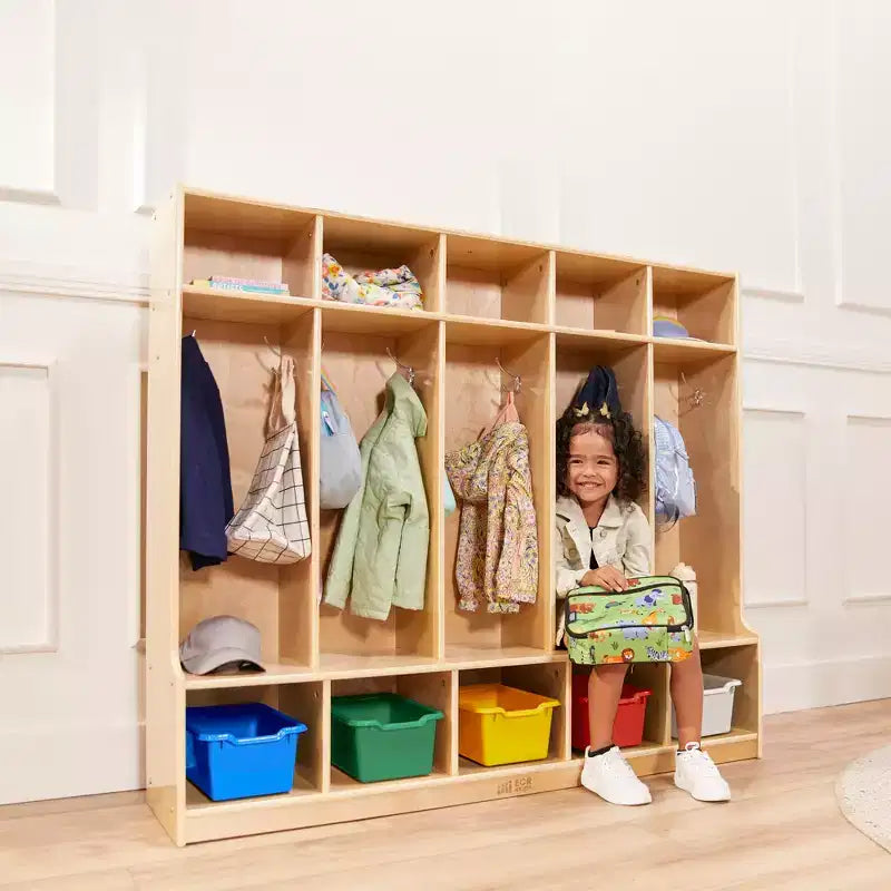 Porte-manteau 5 sections avec banc et 5 bacs de rangement à façade évidée, Meubles pour enfants