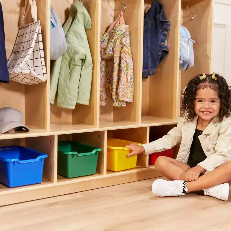 Porte-manteau 5 sections avec banc et 5 bacs de rangement à façade évidée, Meubles pour enfants