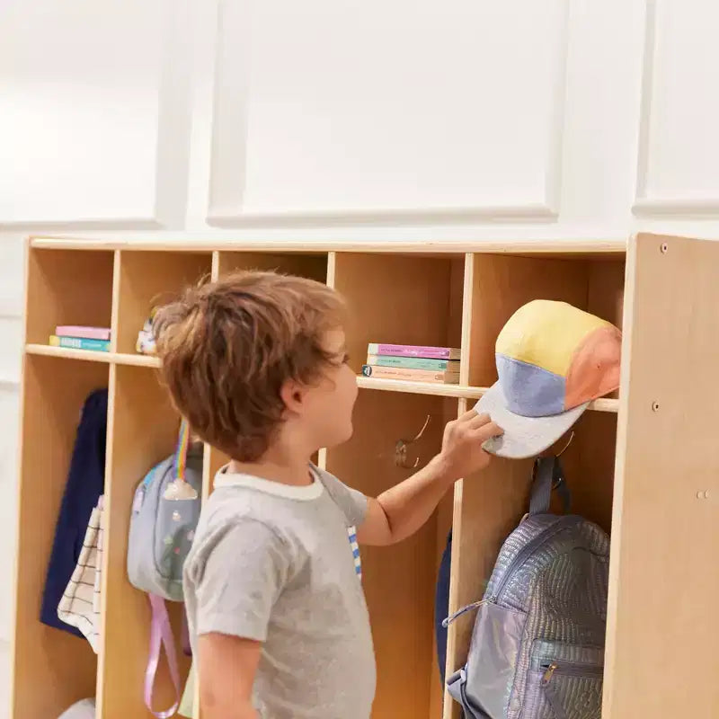 Porte-manteau 5 sections avec banc et 5 bacs de rangement à façade évidée, Meubles pour enfants