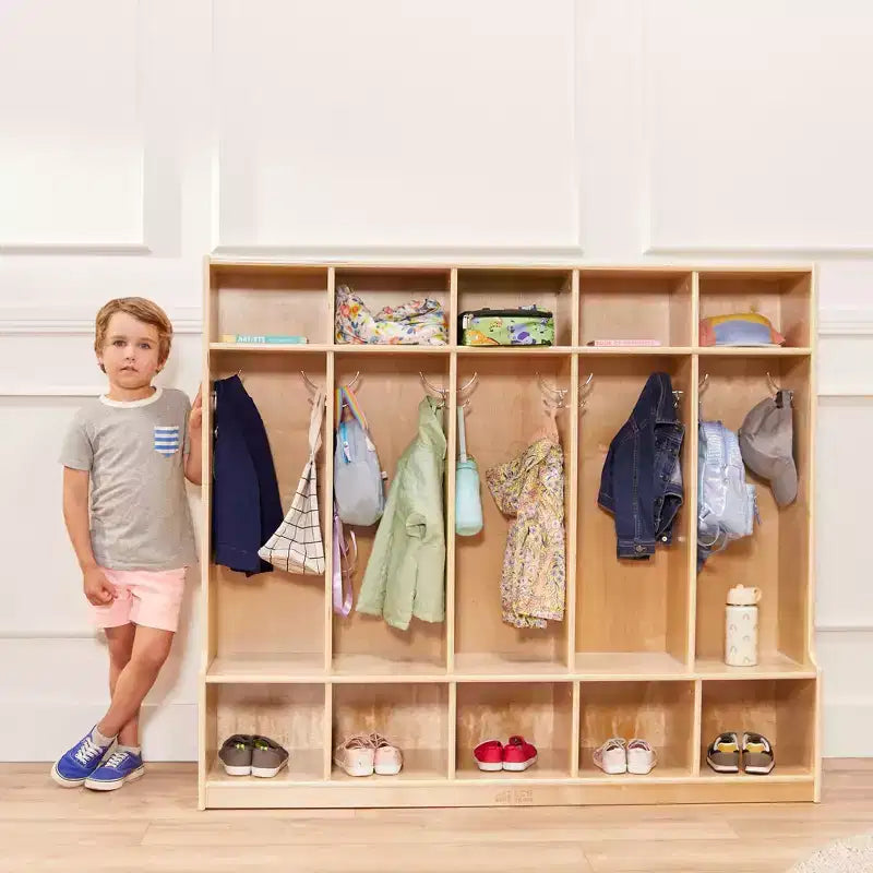 Porte-manteau 5 sections avec banc et 5 bacs de rangement à façade évidée, Meubles pour enfants
