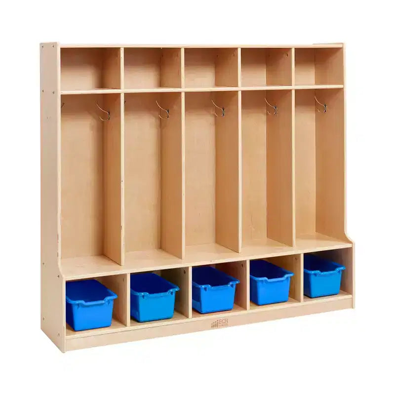 Porte-manteau 5 sections avec banc et 5 bacs de rangement à façade évidée, Meubles pour enfants