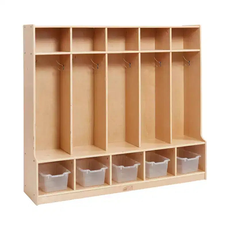 Porte-manteau 5 sections avec banc et 5 bacs de rangement à façade évidée, Meubles pour enfants
