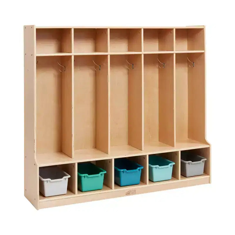 Porte-manteau 5 sections avec banc et 5 bacs de rangement à façade évidée, Meubles pour enfants