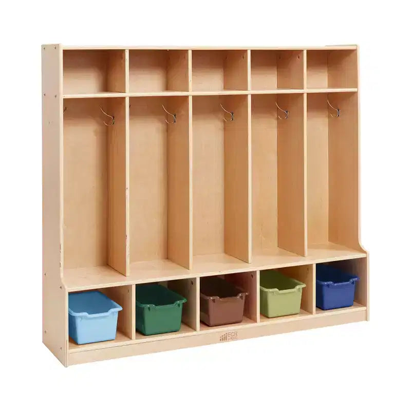 Porte-manteau 5 sections avec banc et 5 bacs de rangement à façade évidée, Meubles pour enfants